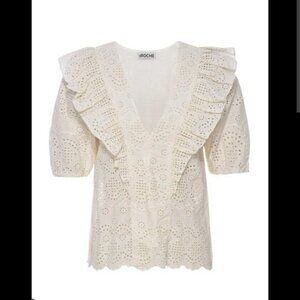 St. Roche Fox Top Vanilla V Neck Ruffles Sz 2 Short Sleeve Eyelet Embroidery NWT